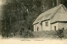 Card CORCY La Broussaille thatched-roof forest house