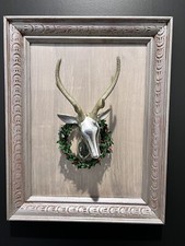 Faux Bois Stag Art French Grey Silver & Gold Glitter Wreath Seasonal Apres Ski 