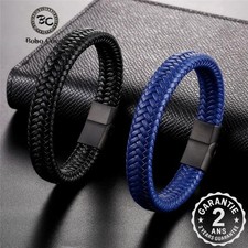 Bracelet Homme en Cuir Véritable Tressé Fermoir Magnétique Acier Inoxydable