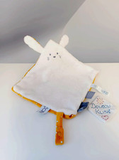 Doudou Plat/Mouchoir Lapin Blanc Jaune Gris Étoiles Attache Tétine Okaïdi Obaïbi