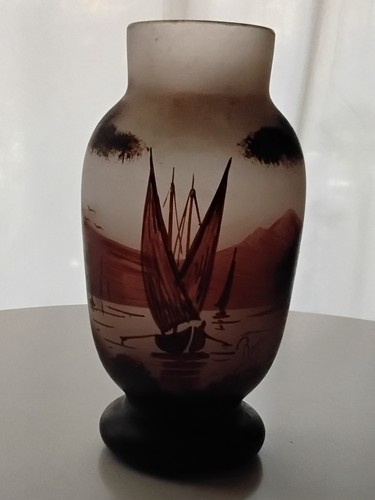 Vase verre peint signé - vase,