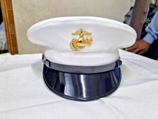 USMC Marine Corps Dress Blues Uniform White Artificial Leather Cap Hat