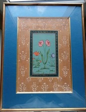 Tableau Ancien Peinture Sur Papier Inde Fleurs Encadré Galerie Corot