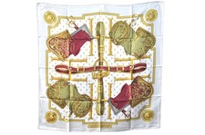 Authentic HERMES Carre 90 Scarf "SELLES A HOUSSE" Silk Cream White 1557N