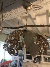 SUPERBE LUSTRE DESIGN ITALIEN FEUILLES BLANCHES ET GUI DORÉ