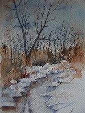 Aquarelle originale signée  Paysage d'hiver