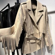 Veste en cuir beige western à