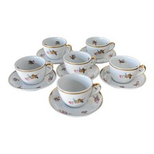 Porcelain de Baudour Floral Flat Cut and Saucer Gold Trim Cerabel Belgium 6 Sets