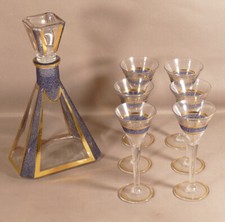 Carafe and 6 Art Deco Era Granity Glass Alcoholic Glasses