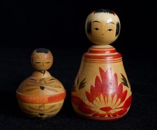 Japanese Old Ejiko Kokeshi Doll 2 pcs : signed for one YOSHINOBU KAKIZAWA 1974~