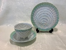 ANTIQUE VICTORIA AUSTRIA GREEN LUSTRE IRIDESCENT SHELL DESIGN FOOTED CUP TRIO