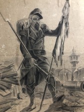 Grand Fusain Dessin Soldat Poilu WWI Ancien Napoléon III 1891 Claude Jean