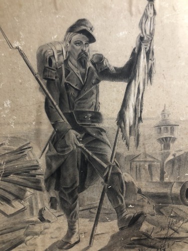 Grand fusain dessin soldat - fusain,