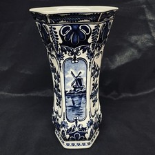 Vintage 9.25” Windmill By Boch DELFT (delfts) Holland Blue & White Vase (GREAT)
