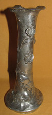 Art Nouveau Signed Small Pewter Soliflora Vase with Floral Decor and Bust of Women