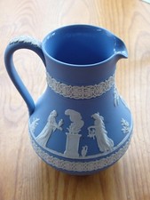 WEDGEWOOD Jasperware Dipped ESTRUCAN Jug PITCHER Glazed Inside 6” BLUE WHITE