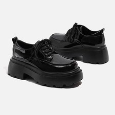 Spring Women Lace Up Patent Leather Chunky Heel Shoes Creeper Casual College