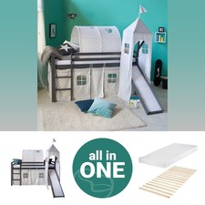 Lit superposé d'enfant 90x200 avec matelas toboggan bois de pin gris Homestyle4u