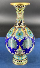 Ancien vase cloisonné chinois émail bleu paons oiseaux fleurs début XXe