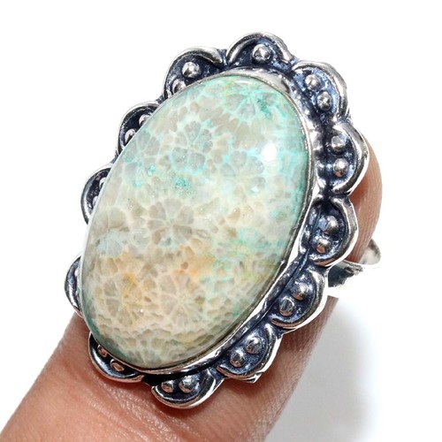 Bague boho corail fossile - en,