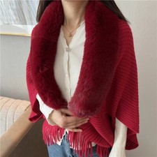 Femme Poncho Tricot Châle Cape Faux Col Fourrure Enveloppant Chaud Hiver Haut