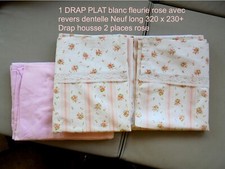 PARURE DE LIT DRAP PLAT BLAN FLEURIE ROSE+ DENTELLE + DRAP HOUSSE 2 PERS ROSE