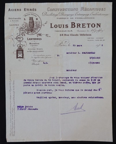 Billhead facture paris 1921 - billhead,