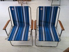 Vintage Pair Zip Dee Retro Blue Striped Airstream RV Folding Lawn Chairs MCM