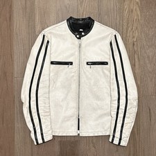 Vintage 60s White Leather Cafe Racer Striped Racing USA Motorcycle Jacket 40