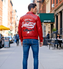 Men’s Pelle Pelle Red Soda Club Jacket–Faux Leather Hip Hop Bomber Cosplay Coat