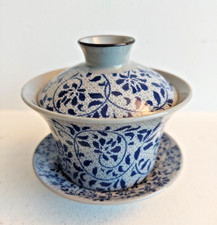 Tasse à Thé avec Couvercle sur Coupelle - Porcelaine fine Grise et Bleu Cobalt