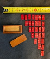 Antique Red Wooden Miniature Domino Set, Complete, With Box
