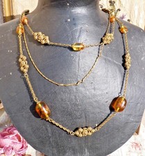 VINTAGE 3 ROW FANCY NECKLACE metal plated and AMBER honey circa 1960
