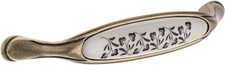 Poignée meuble 128 mm zamak finition laiton porcelaine motif fleur céramique