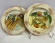Set of 2 Vietri Italian Pottery Tuscany Countryside Canapé Plates, Folk Art