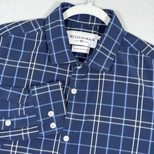 Mizzen Main Shirt Mens XL Standard Fit Windowpane Plaid Long Sleeve Blue Stretch