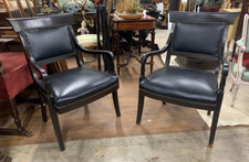 Antique Armchairs, Fauteuils, Black, Leather, Pair, Set of 2, Dark Wood Tones!