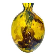 Murano style blown glass ball vase, yellow, amber, green. Art Deco Style