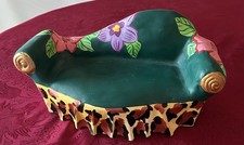 Hand-Painted Ceramic Chaise Lounge: Floral Leopard Print Poupee Display, 13x6.5"