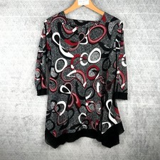 Tunique Chemisier Femme 3 Noir Rouge Blanc Imprimé Abstrait Manches 3/4 Bas Asym