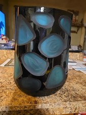 Murano Battuto Heavy Black/Turquoise Teal Swirled Spot Exquisite Oblong Vase 12"