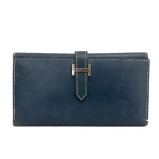 HERMES Bearn Box Calf Leather Long Trifold Wallet Blue/2BJ3945