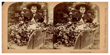 Girl with a wheelbarrow filled with flowers, ca.1880, stereo vintage print ste