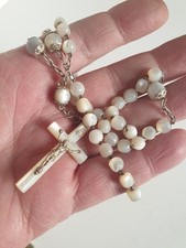 CHAPELET perles , cœur et croix en Nacre, Christ et garnitures en Argent Massif