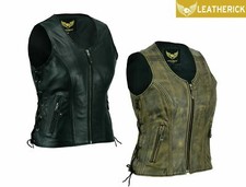 Women Real Leather Waistcoat Gilet Biker Ladies Vintage Sleeveless MC Club Vest