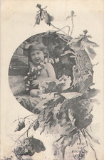 CP NOIR BLANC MEDAILLON  VIVE NOUVELLE ANNEE PETITE FILLE GUIRLANDE ROSES CAGE