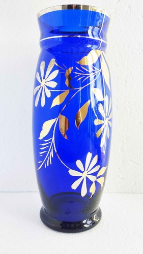 Vase bleu cobalt motif floral - bleu, cobalt,