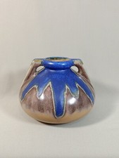 ALPHO EARTHENWARE VASE WITH HANDLES ART DECO CERAMIC Enamel BLUE Brown And Beige 