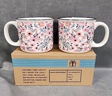 Set Of 2 Orly Maison Oversized Coffee Cup Mugs Pink Floral Leaves Country Fresh