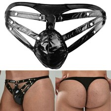 Boxer homme sexy string sous v??tement slip GString avec tissu cuir noir